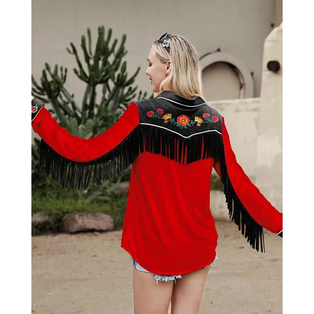 Women's Red Fringe Long Sleeve Floral Embroidered Button Down Blouse Shirts - Picture 4 of 5